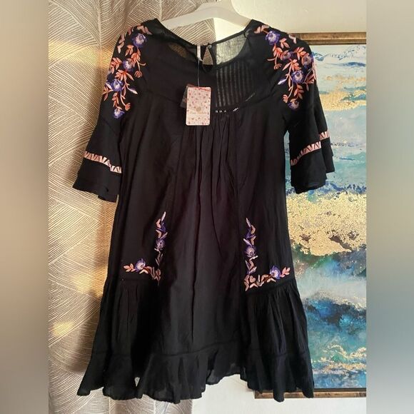 Free people black pavlo dress boho embroidered size S/P - Picture 7 of 16